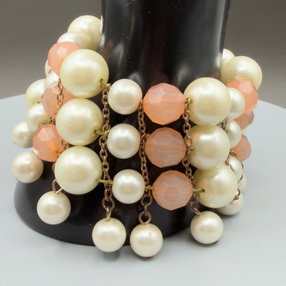 Vintage Faux Pearl Peach Beaded Stretch Bracelet READ - Picture 3 of 14